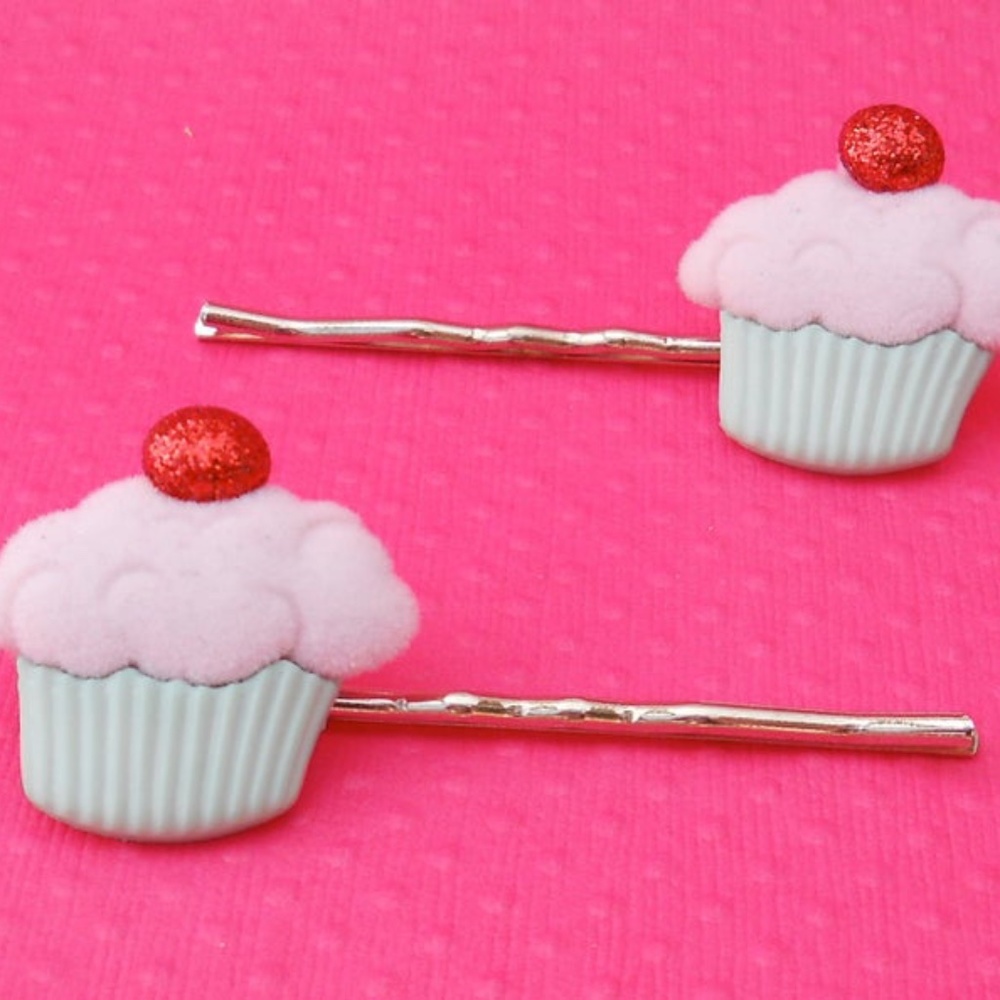 cherry berry cupcake hairpins - pink and sea green - Picture 4 of 5